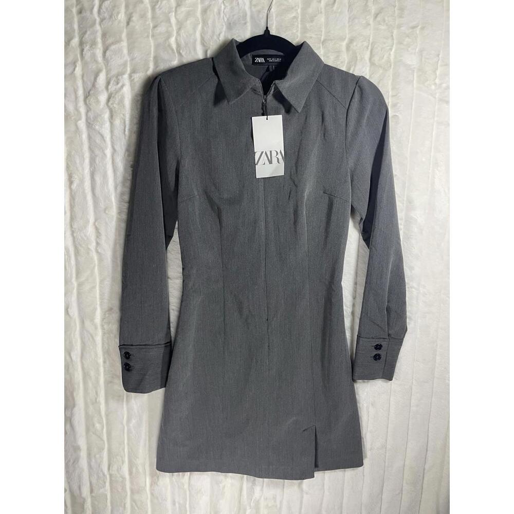 Zara Grey Fitted Tailored Shirt Dress Business Zip Front Small S New NWT